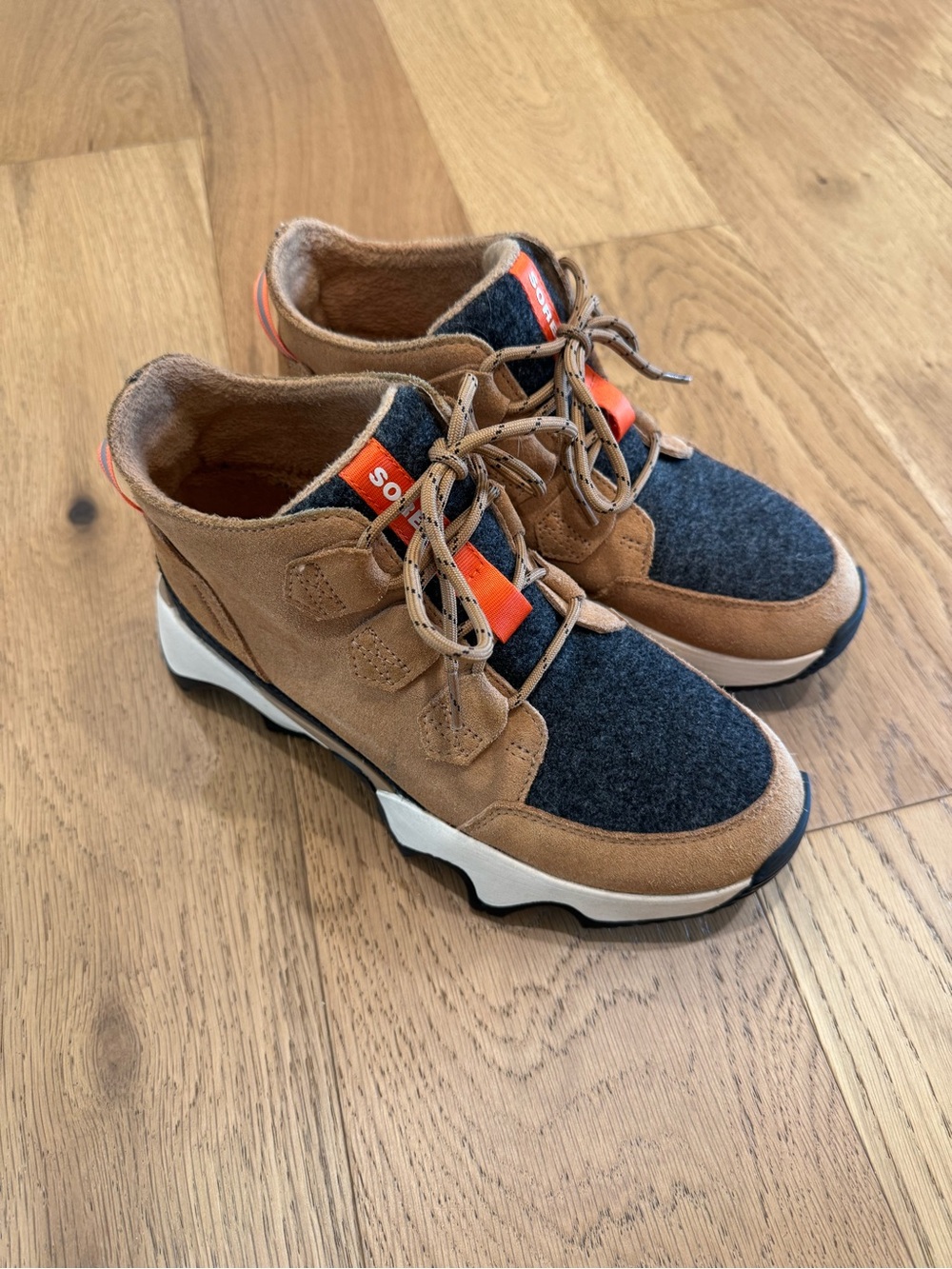 Sorel Women's Brown Suede & Dark Gray Wool Sneakers with Orange Accents